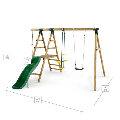 Wooden garden swing and climb frame with green slide, ladder, and two hanging seats