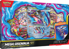 Pokemon Mega Greninja EX premium collection box front with window showing card packs and stickers