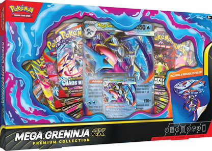 Pokemon Mega Greninja EX premium collection box front with window showing card packs and stickers