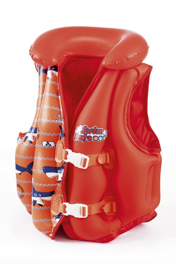 Red-orange deluxe swim vest with padded neck support and front buckle straps