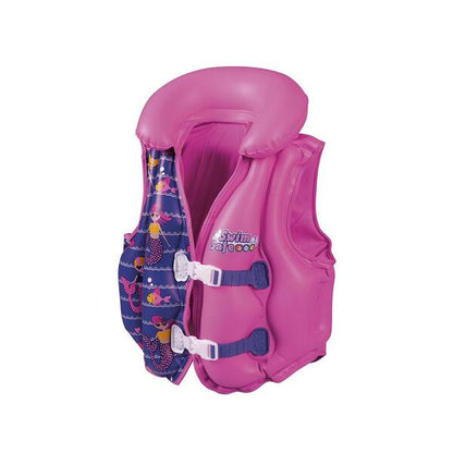 Purple deluxe swim vest with patterned side panels and front buckle straps