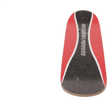 Red and black skateboard deck with central graphics and textured grip surface