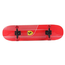 Red Ferrari 31"x8" skateboard deck with Ferrari logo and black trucks