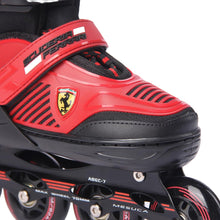 Red and black inline skate boot with Ferrari shield logo and ABEC-7