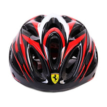 Black safety helmet with red and white aerodynamic stripes, front vent cutouts
