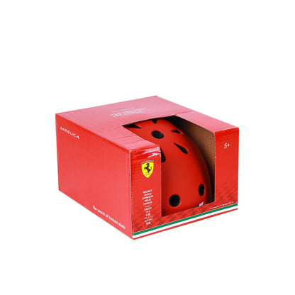 Ferrari red safety helmet in retail box, open packaging with vent holes and visor.