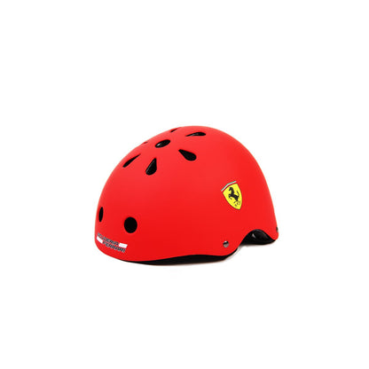 Red safety helmet with vent holes and Ferrari shield emblem on side.
