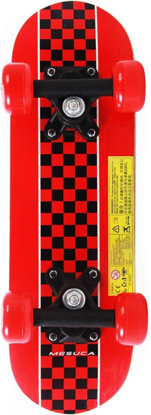 Mini cruiser board with red checkered deck, black trucks, and red wheels