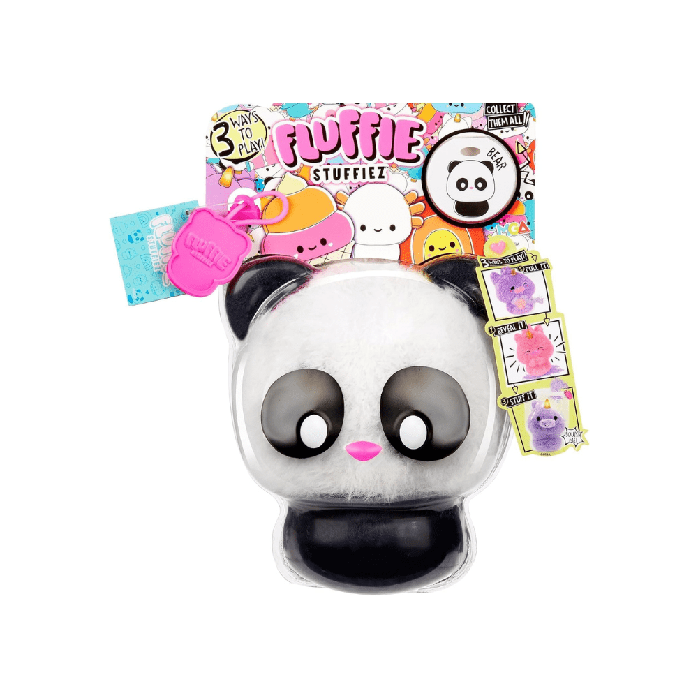 White plush panda character with black ears and big eyes, in clear package
