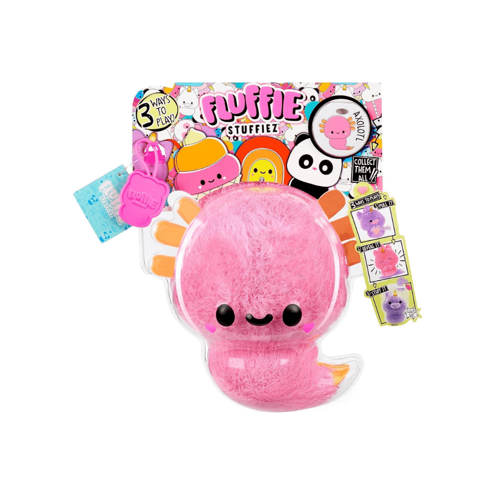 Pink plush character with orange feet and smile, in clear package
