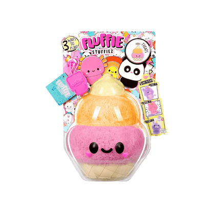 Gold and pink plush character with smiling face, in clear package