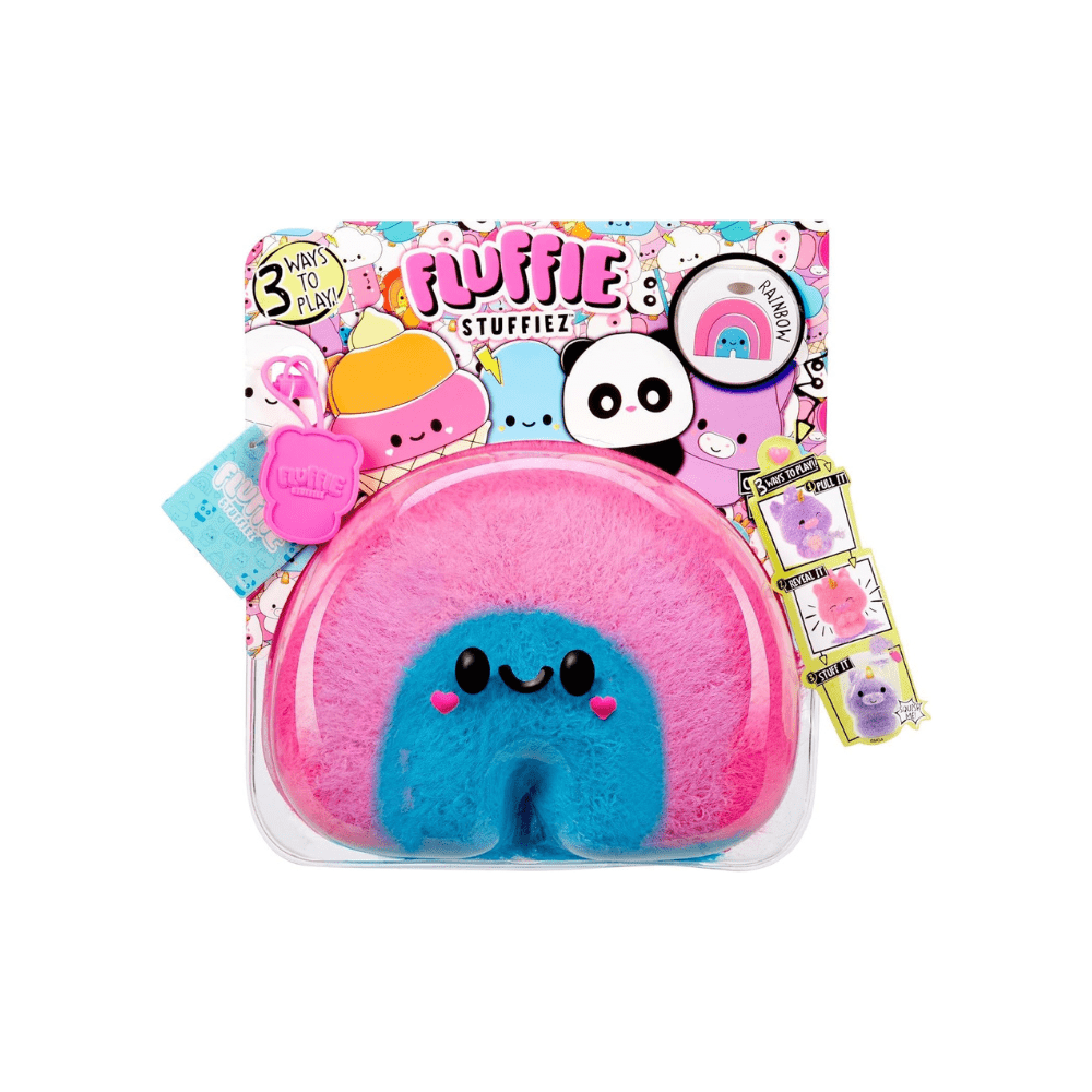 Pink and blue plush cloud character with smiling face, in clear package