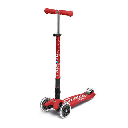 Maxi Micro Deluxe foldable LED scooter with red deck and chrome wheels