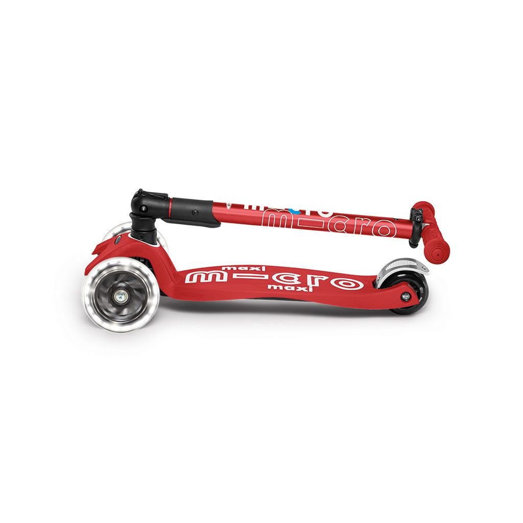 Foldable LED scooter, red deck with front and rear chrome wheels