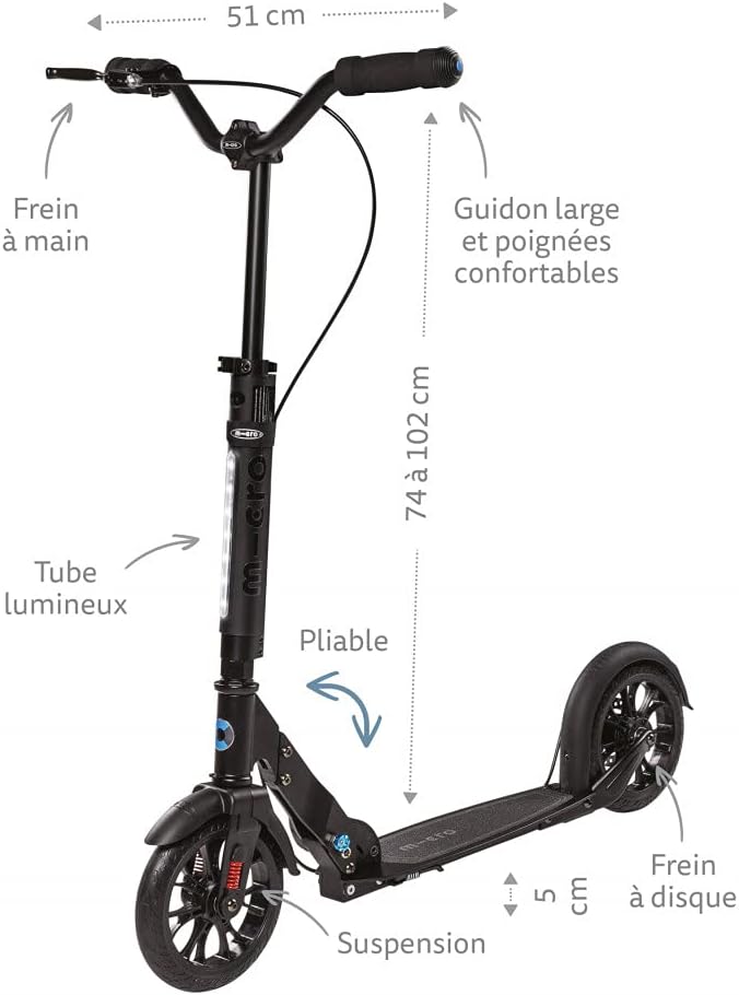 Black electric kick scooter with front disc brake, suspension, and blue accent wheel hubs