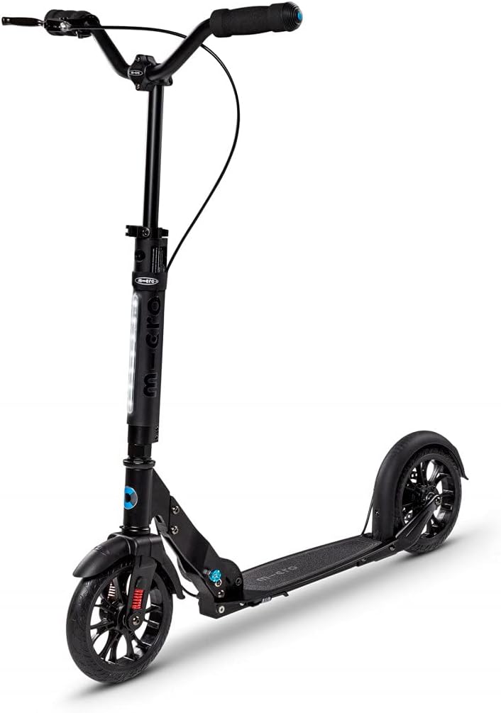 Black kick scooter with handlebar, front wheel, rear deck, and blue accent details