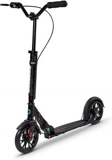 Black kick scooter with handlebar, front wheel, rear deck, and blue accent details