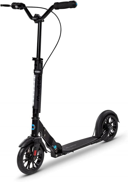 Black kick scooter with handlebar, front wheel, rear deck, and blue accent details