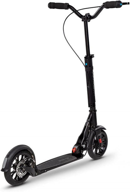 Black kick scooter with wide deck, front fender, curved handlebar, and blue control light