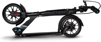 Black kick scooter side view with dual wheels, front wheel fender, and fold joint