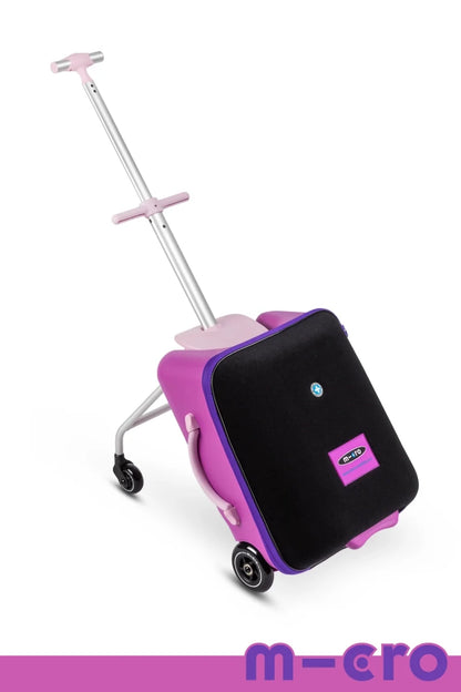 Purple and black ride-on luggage with extendable handle and four rolling wheels