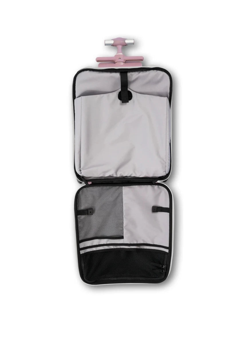 Open luggage storage compartments with gray lining and black mesh panels