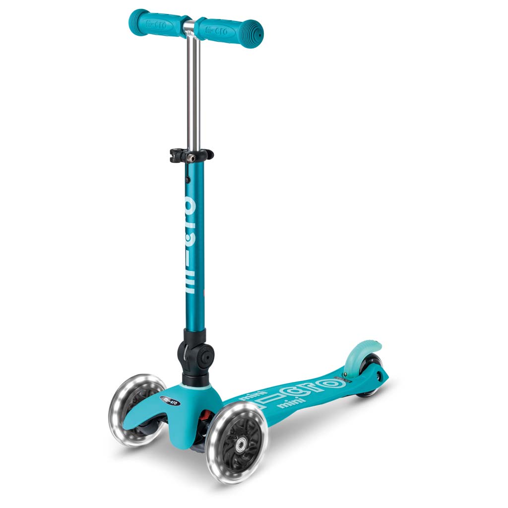 Mini Micro Deluxe Foldable LED scooter, teal handlebar and light-up front wheels