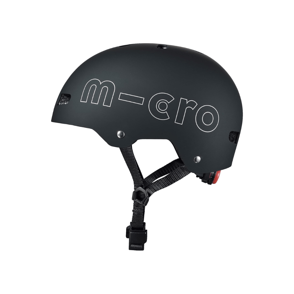 Children's ABS helmet, matte black with white m-cro graphic and chin strap