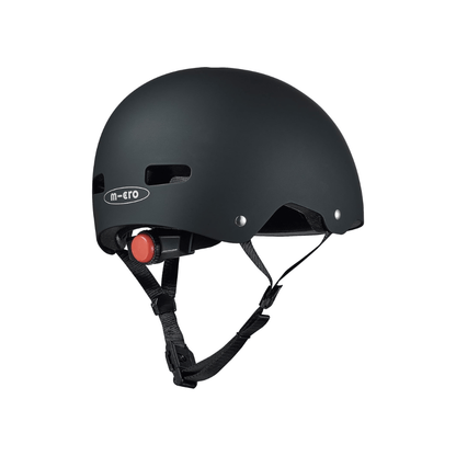 Children's ABS helmet, matte black with m-cro logo, red adjustment knob, chin straps