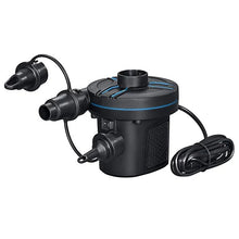 AC/DC electric air pump with nozzles and hose, black with blue accents