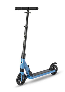 Blue and black micro scooter with handlebars, wheels, and visible suspension spring
