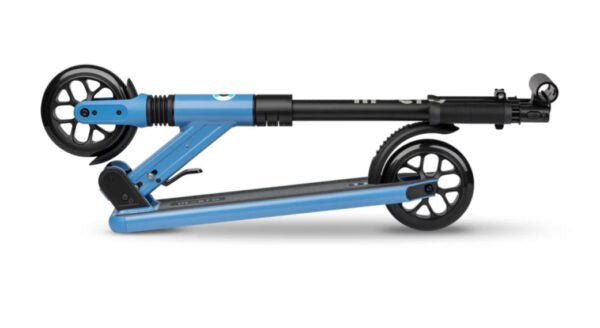 Blue and black micro scooter side view with front and rear wheels and deck