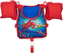 Spider-Man swim vest with red arm floats, blue graphic, front zip and straps