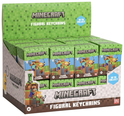 Minecraft Figural Keychains box display with '18 to collect' label and character artwork