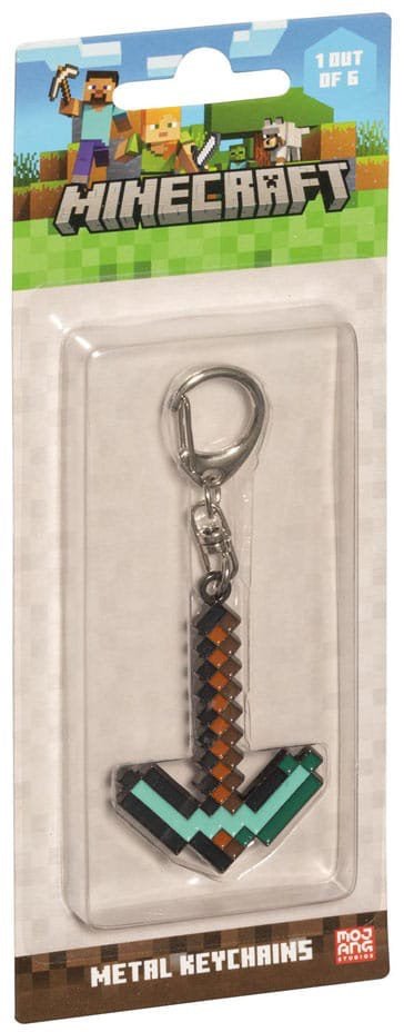 Minecraft metal keychain in blister pack with teal pixel sword/axe charm