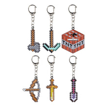 Minecraft metal keychains set of 6 with pixel sword, pickaxe, and treasure chest charms