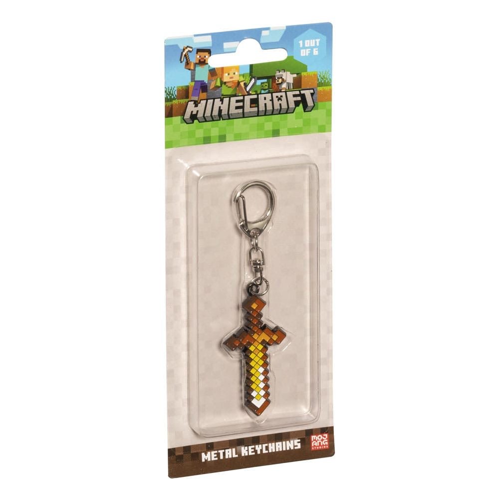 Minecraft metal keychain in blister pack with pixel sword charm