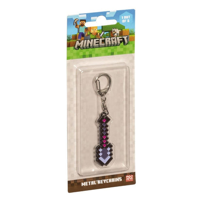 Minecraft metal keychain in blister pack with purple pixel sword charm