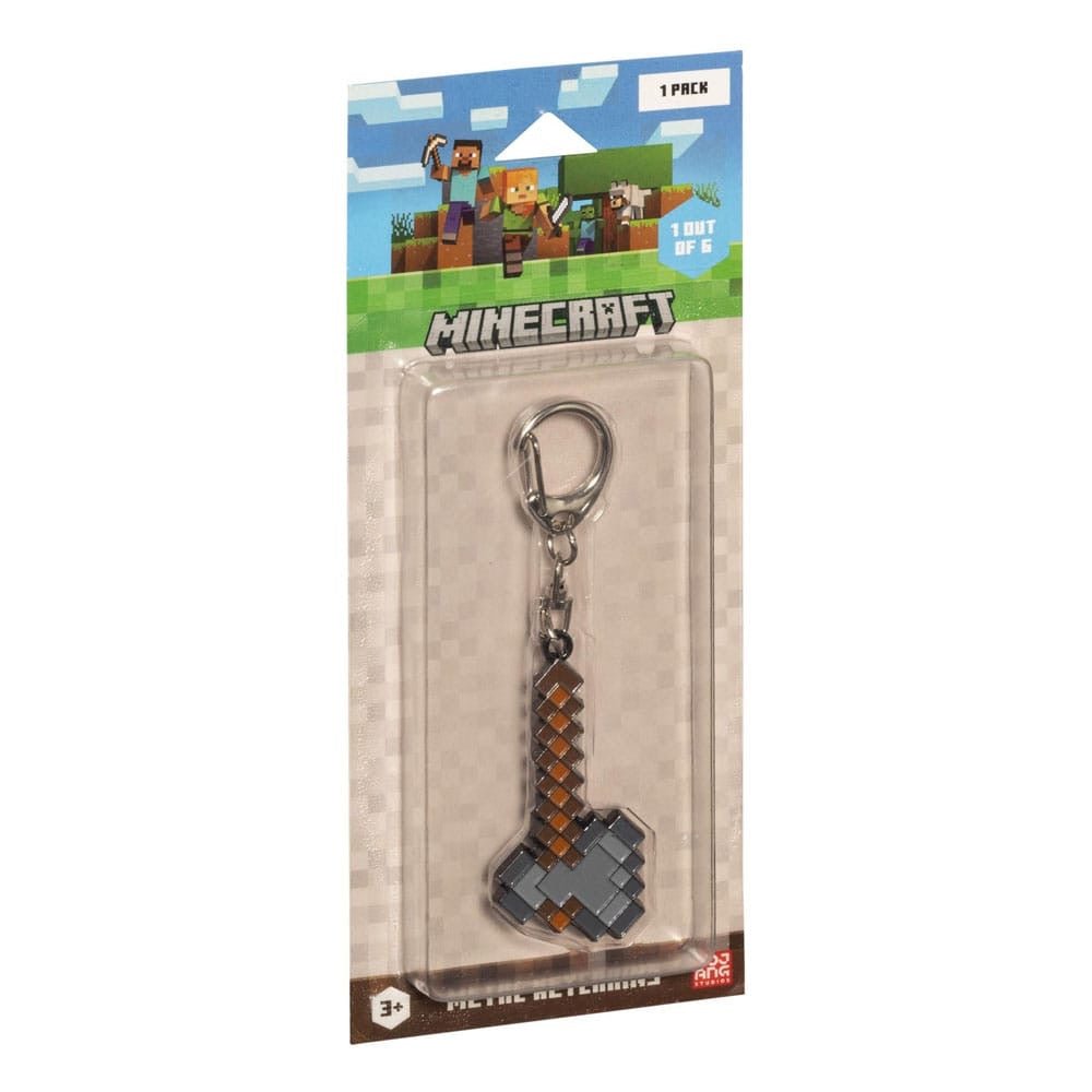 Minecraft metal keychain in blister pack with pixel pickaxe charm