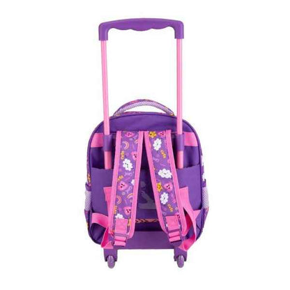 Kids trolley backpack back view, purple with pink straps, side mesh panels, rolling wheels