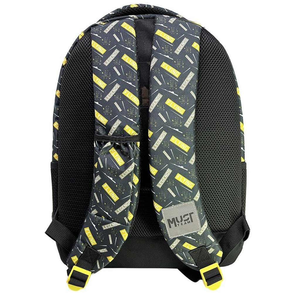 Kids' school backpack with black mesh back, yellow logo pattern, padded shoulder straps
