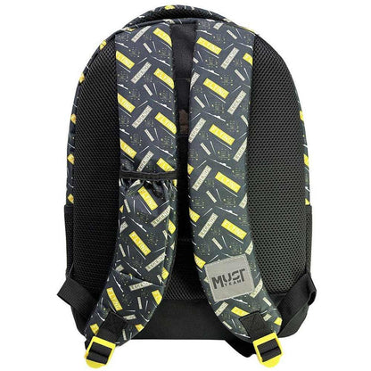 Kids' school backpack with black mesh back, yellow logo pattern, padded shoulder straps
