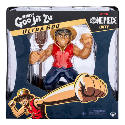 Stretchy action figure of Luffy in red shirt and blue pants, in retail box