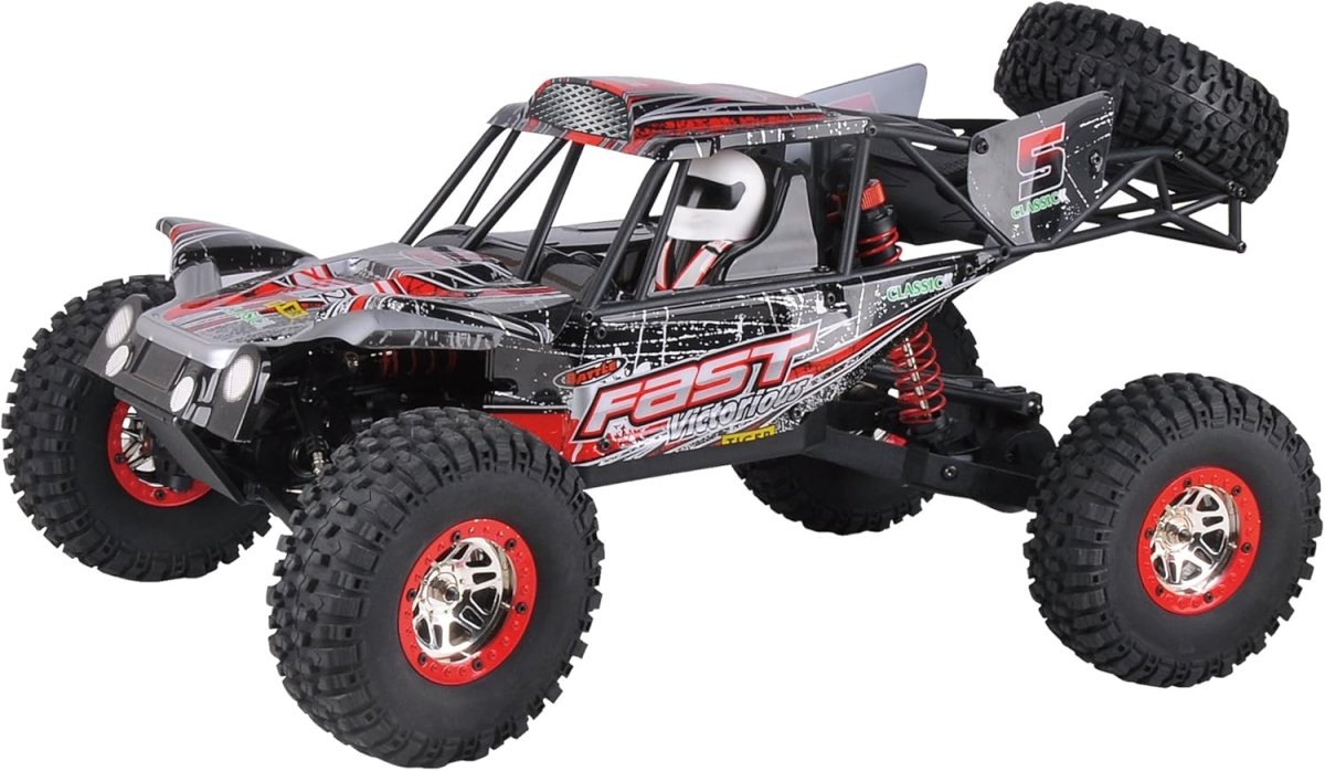 RC buggy car with red-rim wheels and off-road tires, side view