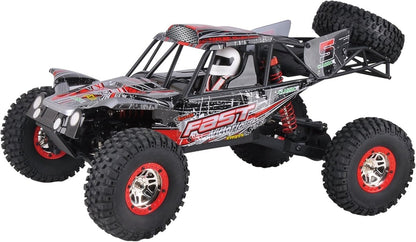 RC buggy car with red-rim wheels and off-road tires, side view