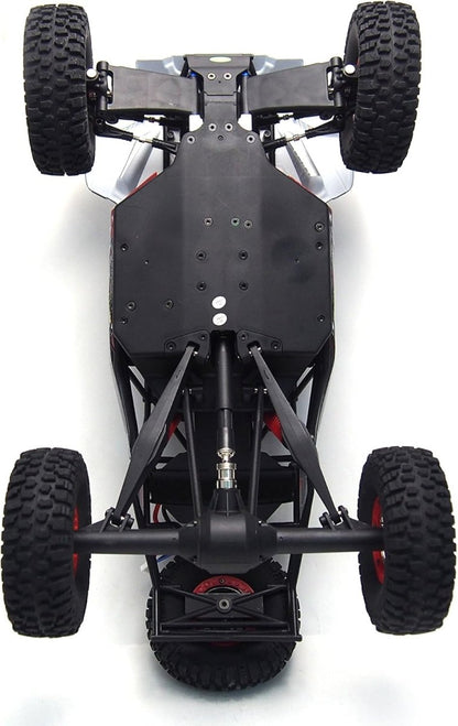 RC buggy chassis front view with four tires and metal suspension arms