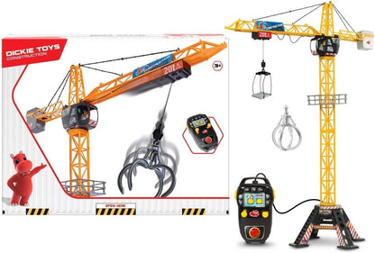Construction play crane toy with remote handset, hanging claw, and power cable