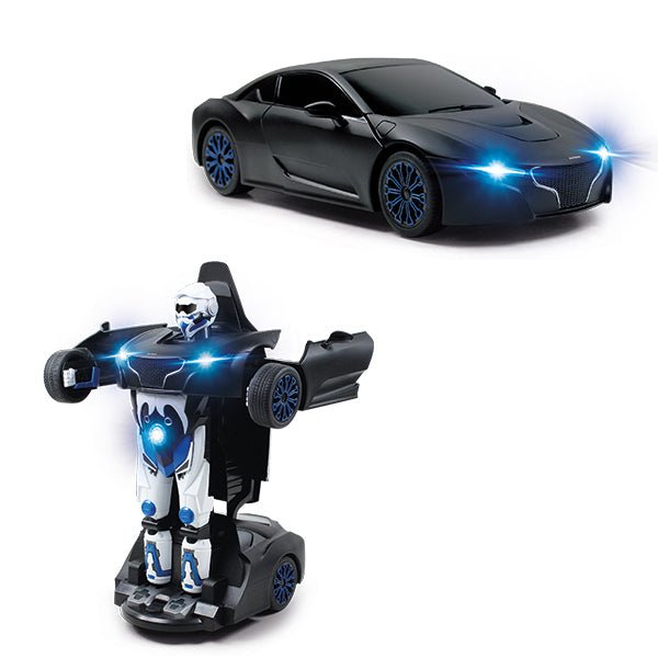 Transformable remote control robot car with dark sports-car body and glowing blue lights