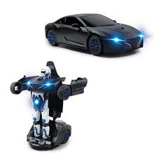Transformable remote control robot car with dark sports-car body and glowing blue lights
