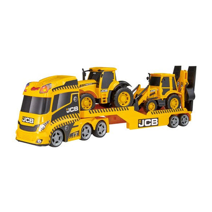 Transport Truck 2: yellow toy transport truck with two JCB construction vehicles